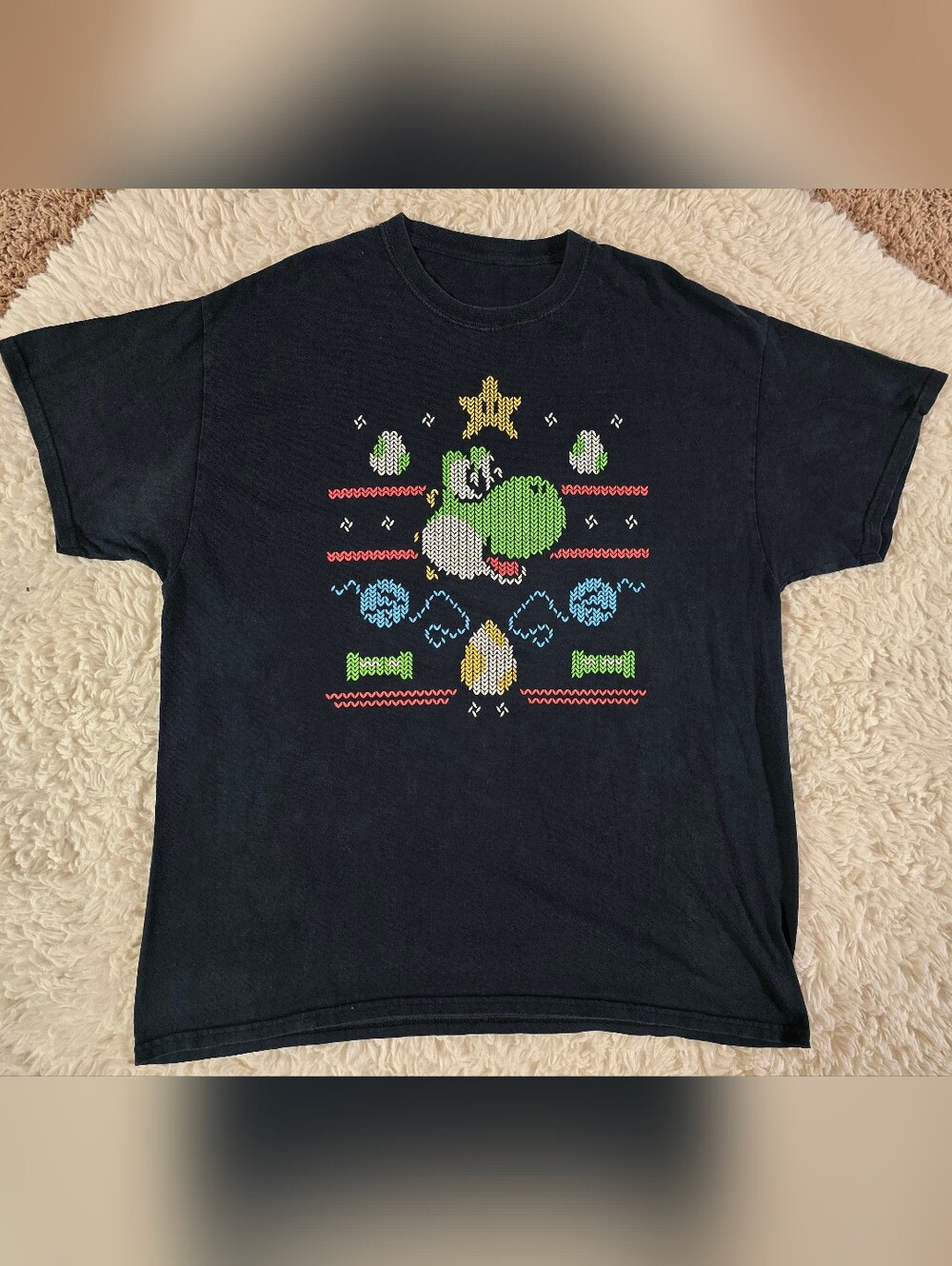 Retro Yoshi Knit-Style Graphic Tee - Black & Green